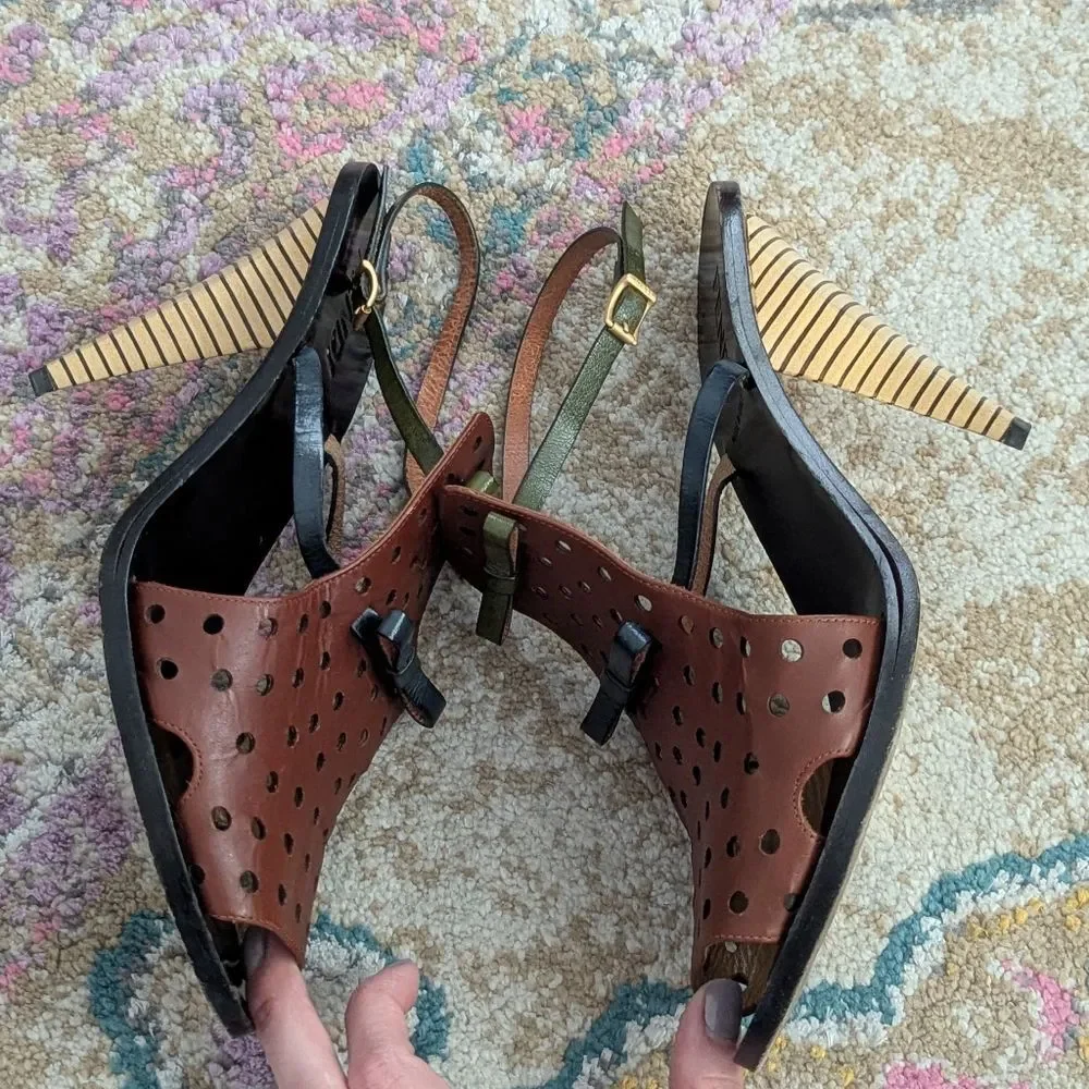 Fendi Perforated Leather Bow Slingback Heels Architectural Cone Heel